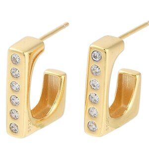 18k Real Gold plated 925 sterling silver square c shaped Stud Earring Micro Pave